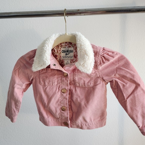 OshKosh Bgosh 3T Corduroy Jacket Pink Sherpa Collar Floral Lined - Picture 1 of 3